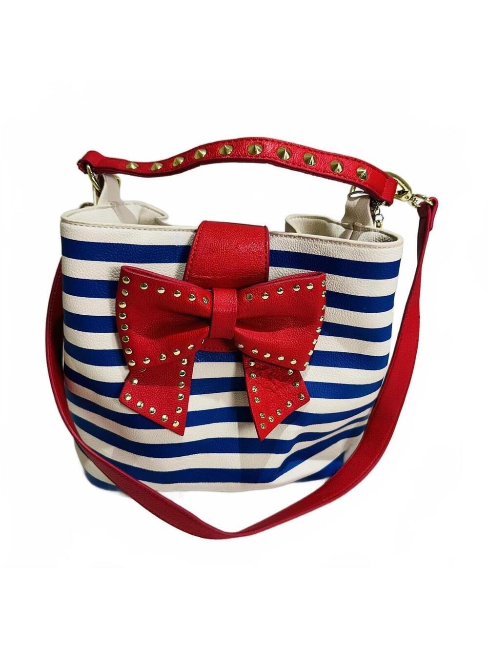 Betsy Johnson Striped Blue and White Bucket Bag Red Bow Accent Gold Tone Studs